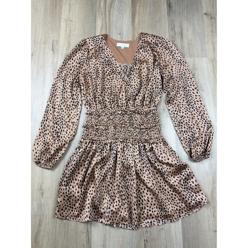 Pinch Womens Leopard Print Smocked Waist V-Neck Mini Dress Tan Black 3259D Small